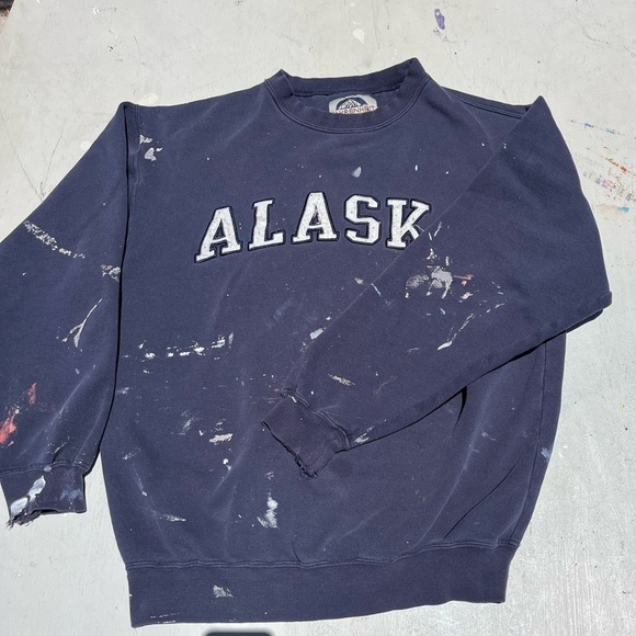 Men's Vintage Alaska Sweatshirt Blue Spell-Out S Street 90s THRASHED Grunge USA - Picture 7 of 13